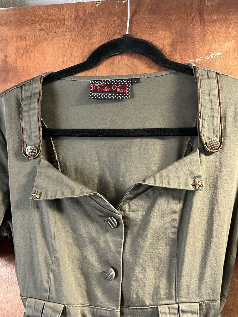 Voodoo Vixen Olive Green Button-Front Utility Midi Dress, Halloween, Military - Picture 2 of 8